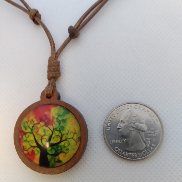 Handmade Rasta Color Tree Cabochon on Round Wood Pendant. Adjustable Length - Picture 3 of 4